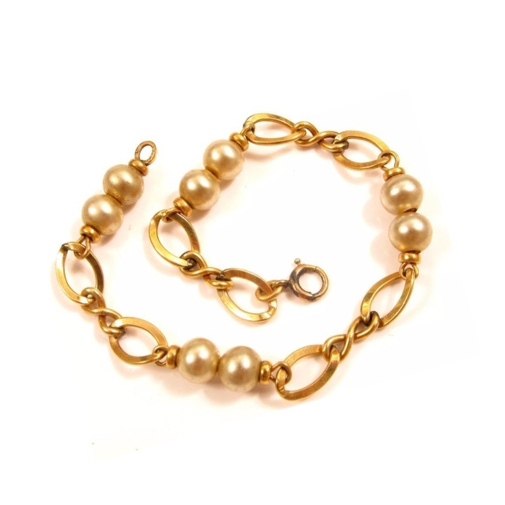 Vintage Faux Pearl 12K Gold Filled Chain‎ Linked Bracelet 7-7/8"
